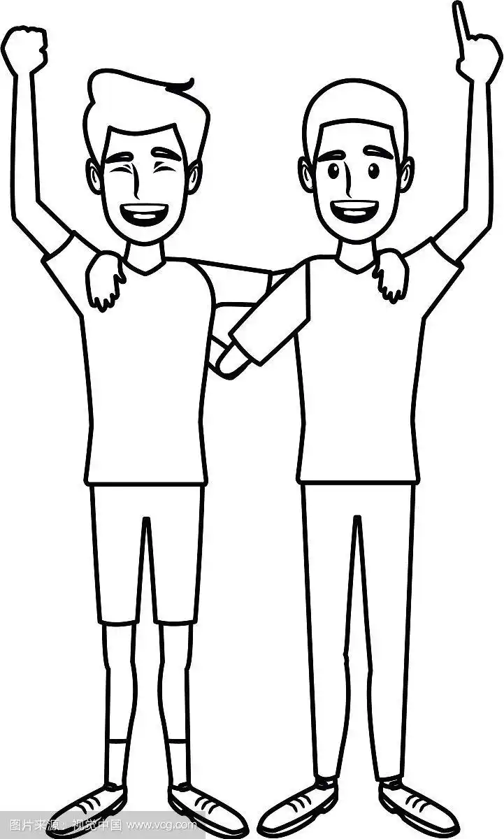 两个男孩微笑着拥抱,挥手