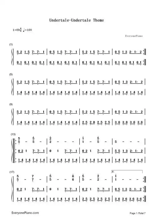 undertale-undertale theme双手简谱预览1