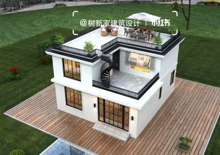 96这款现代风别墅占地120平方,二层带露台,小巧精美,外墙配色黑白相