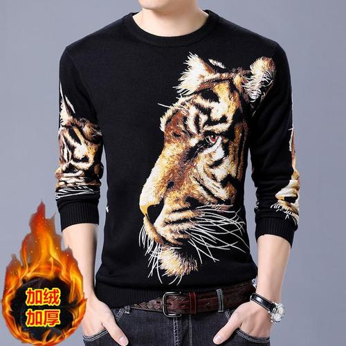 冬季霸气时尚男装加绒加厚毛衣 个性3d大老虎头像图案印花针织衫