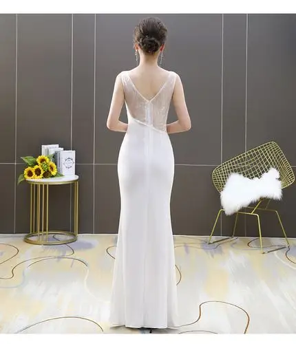 晚礼服性感高开叉白色新款修身透视装蕾丝双肩长款夜店晚礼服