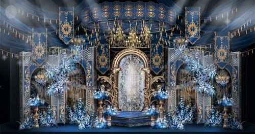 蓝色欧式古典藏青色奢华婚礼手绘效果图方案设计主舞台psd源文件