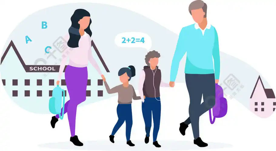 年轻的父母带着孩子从学校平面插图家人一起回家聊天手牵手卡通人物