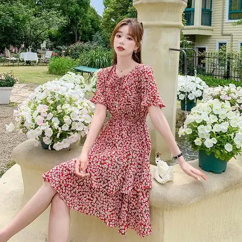 雪纺裙子中长款韩版蛋糕裙收腰显瘦喇叭袖实拍9567碎花连衣裙夏装