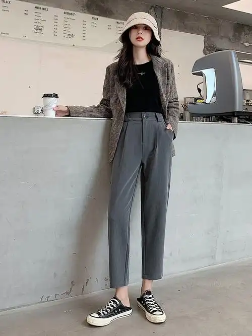 灰西装裤女裤春秋2020新款高腰阔腿宽松显瘦萝卜百搭哈伦裤子