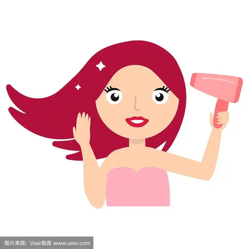 漂亮的女孩用吹风机吹干她的头发,插图向量