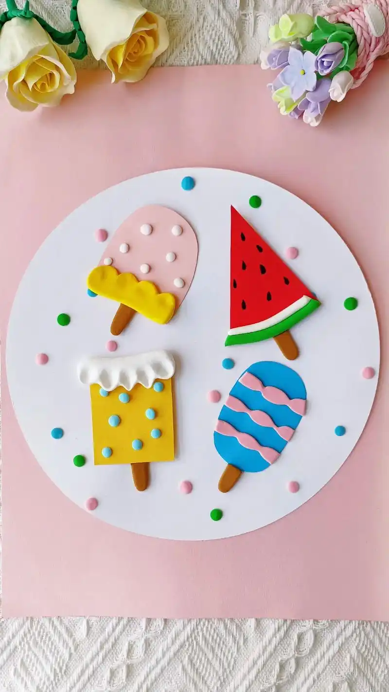 夏天主题粘土手工拼贴画教程.简单可爱的#冰淇淋手工,一起来做 - 抖音