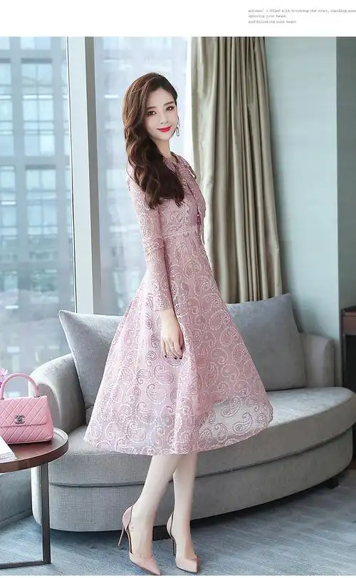 【翎梦儿 lme18196】实拍9716长袖蕾丝连衣裙女2018秋装新款中长款修