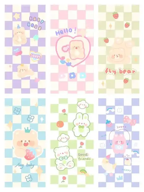 软萌糖果色丨卡通动物格子壁纸丨原创