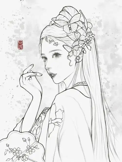 水彩人像线稿古风侧颜绝绝子美女