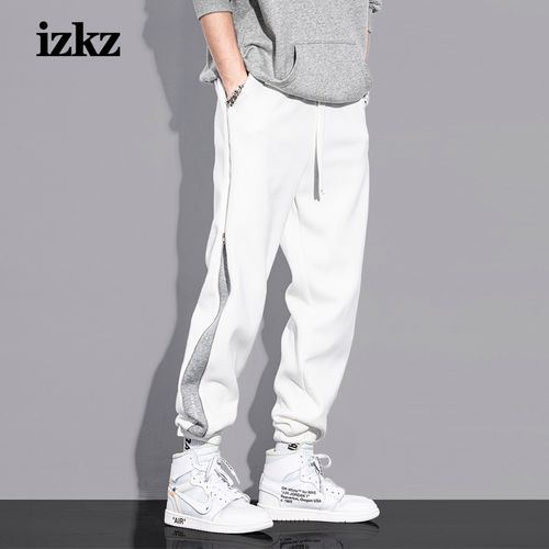 运动裤男春秋款潮流白色休闲裤子侧拉链宽松束脚百搭学生纯棉卫裤