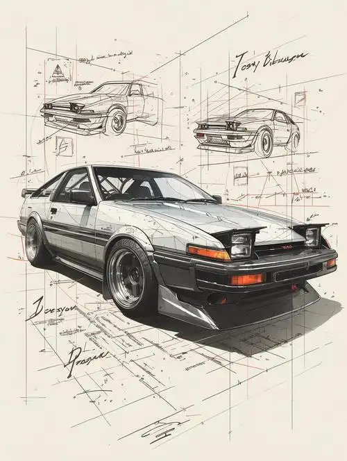 经典丰田ae86车型漫画与0396设计手稿