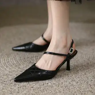 catafed接吻百丽猫包头凉鞋一字扣带尖头女鞋高跟凉鞋性感细跟尖头