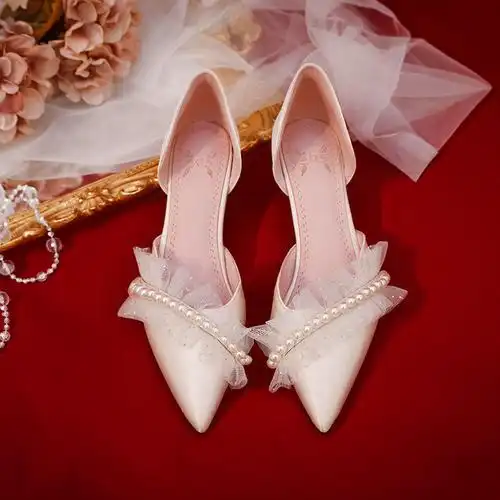 婚鞋2021年新款新娘鞋平时可穿高跟鞋女低跟婚纱鞋水晶伴娘鞋结婚