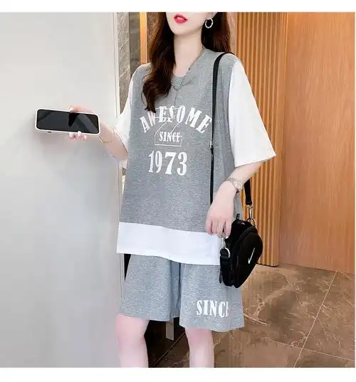 假两件套装女夏季新款时尚短袖t恤宽松五分短裤休闲运动服两件套 - 17