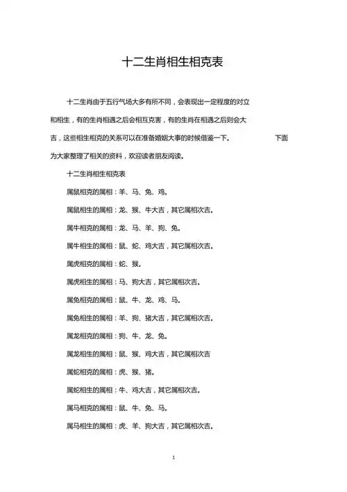 十二生肖相生相克表