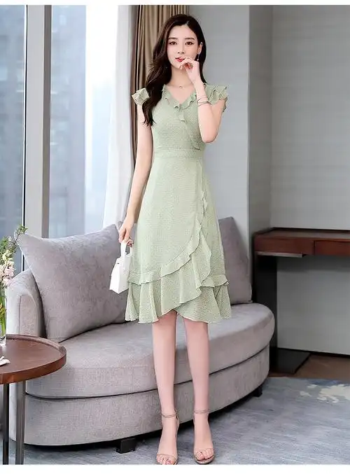 时尚潮流时尚潮流2019夏季中年少妇女装衣服短袖雪纺连衣裙子夏天30到