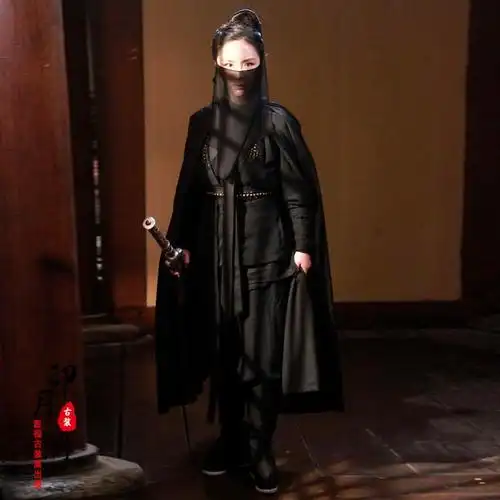 影视古装女士汉服黑色女披风黑衣人夜行衣侠女服棉麻女侠刺客古装