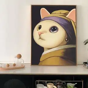 戴珍珠耳环的少女装饰画猫咪北欧客厅壁画现代简约玄关卧室挂画