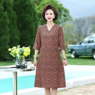 ifiz妈妈夏装连衣裙女简约新款显瘦短袖50岁60中老年人洋气裙子奶奶装