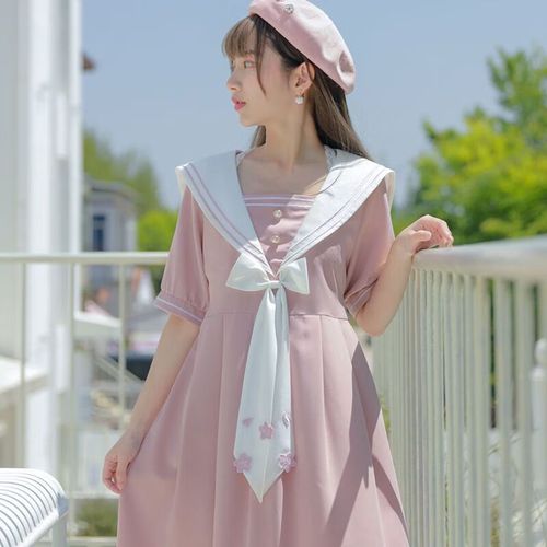 jretjk水手服温柔风女连衣裙学生百搭韩版宽松中长款a字裙子夏季 粉红
