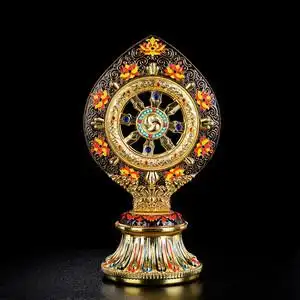 西藏八吉祥佛轮摆件景泰蓝珐琅彩绘工艺佛轮吉祥藏传密宗修行铜器