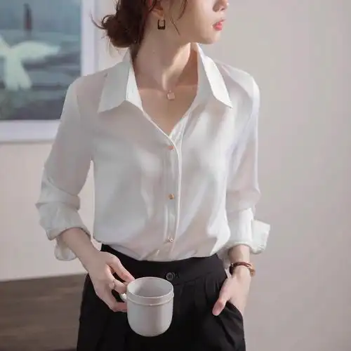 粉色衬衫女长袖职场穿搭职业高级感教资面试正装轻熟风春秋衬衣 - 17