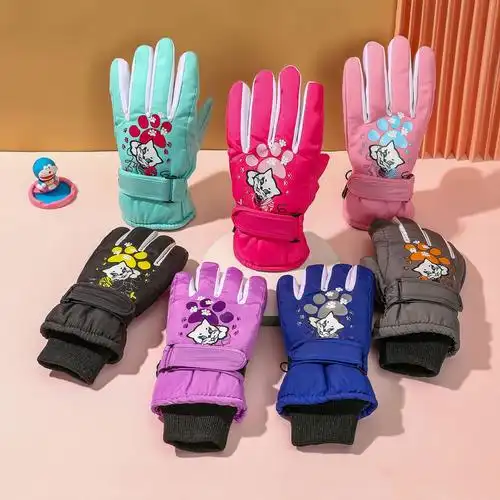 青少年儿童滑雪手套小猫印花针织防风袖口加绒加厚保暖户外手套