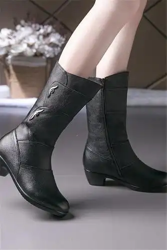 中老年女靴子中筒女士靴粗跟中年中跟妈妈棉鞋大码女靴子女秋冬