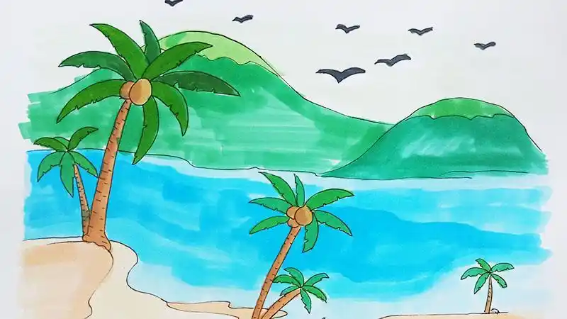 海边风景简笔画彩色