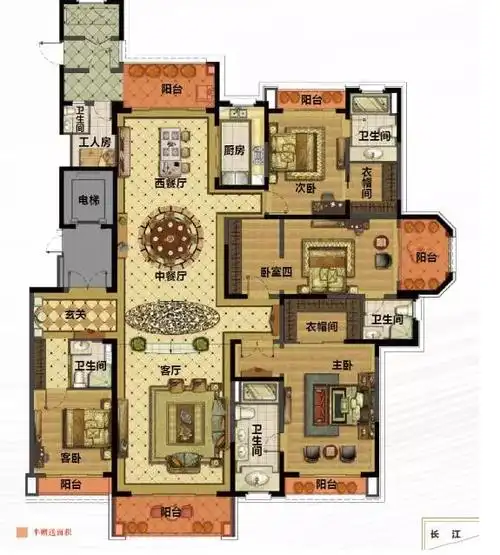 四房三厅四卫六阳台约336平米户型事实上,作为江北屈指可数的豪宅之一