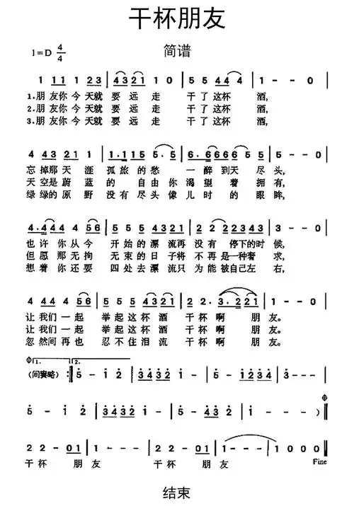 干杯朋友歌词简谱第1页
