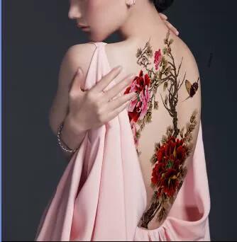 免邮贴女防水纹身 复古牡丹满背仿真逼真遮暇背部大张大图案包邮