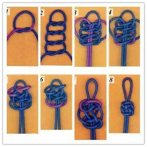 把右边的绳向上穿人第一个结的中间5,继续用左边的绳按照上述方法穿人