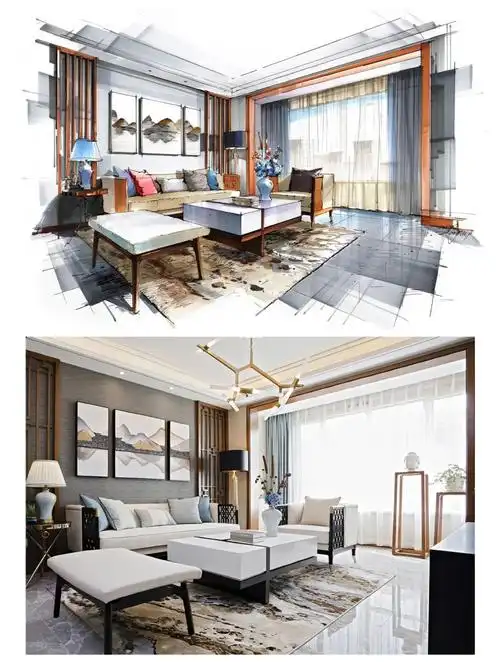 室内设计客厅空间马克笔手绘色彩表达装修