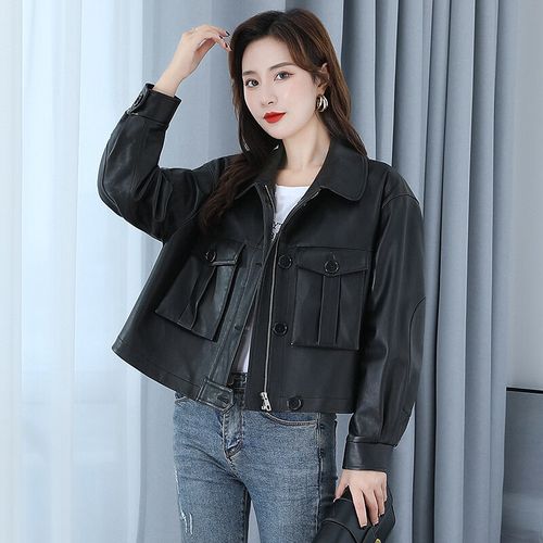 dairalan 秋冬新款头层绵羊皮真皮皮衣女外套短款机车皮夹克时尚翻领