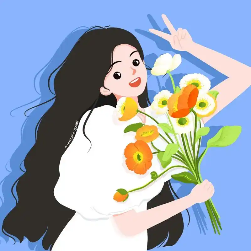 插画头像 | 捧花比耶的可爱女生 花花系列 1~ 背景多种配色供大家选择