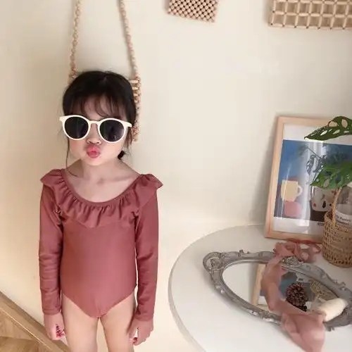 气质款女童女宝宝荷叶花边露背防晒长袖游泳衣儿童泳衣