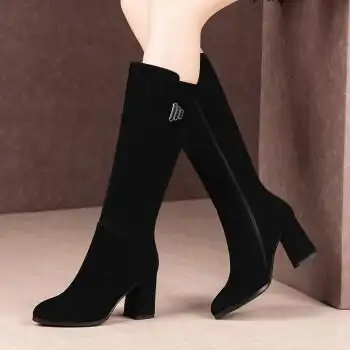 jindun不过膝长靴女冬季高跟高筒靴女粗跟磨砂加绒显长筒女靴子黑色34