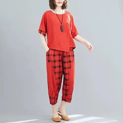 亚麻裤 棉麻套装 大码 上衣中老年人时尚 短袖 两件套 - 女装/女士