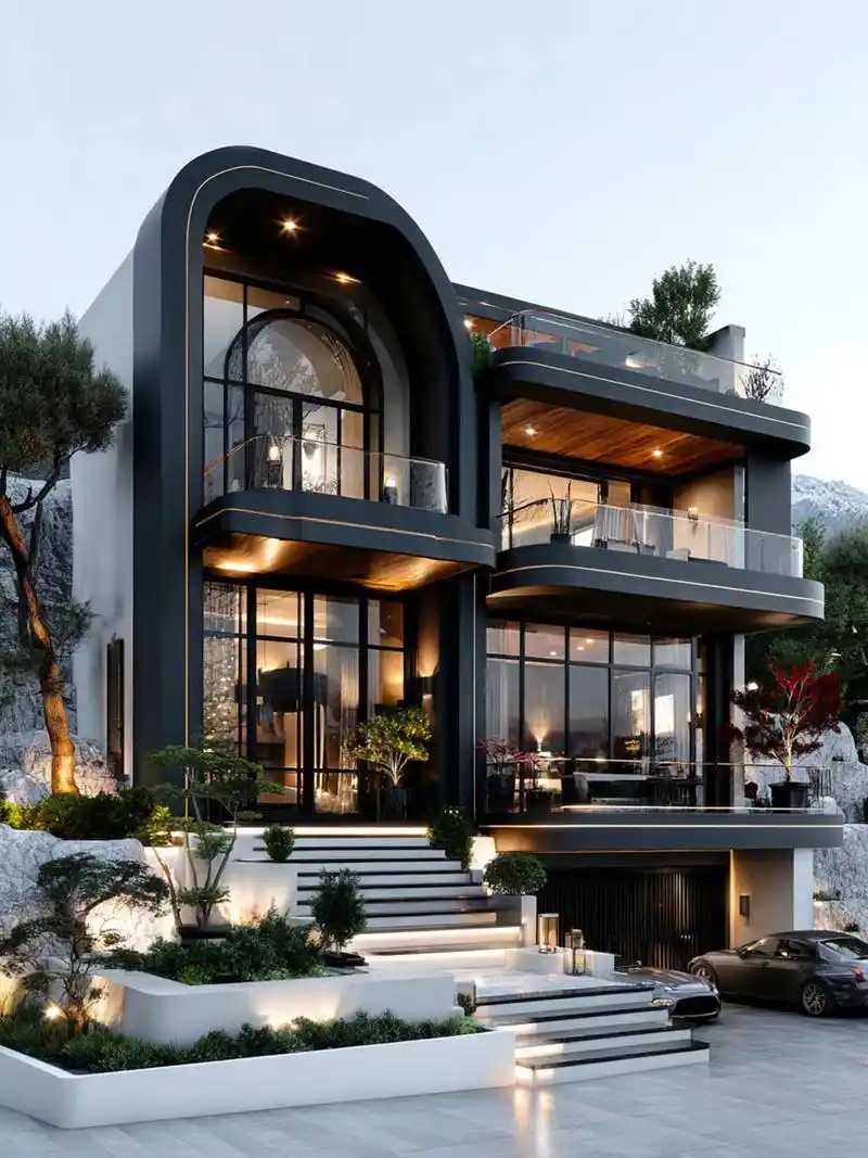 打破常规白色色调别墅,超大落地窗,外观