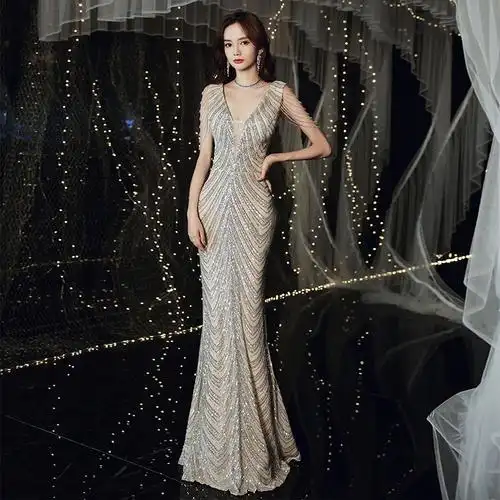 晚礼服女2022新款秋冬季宴会端庄名媛性感鱼尾气场长款肩流苏礼服