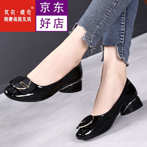 leon)品牌轻奢单鞋女2020秋季新款真皮浅口中跟女鞋百搭大码小 黑色