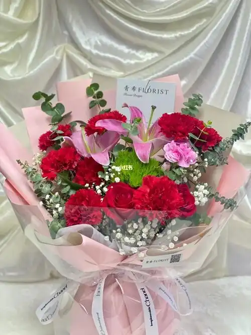 母亲节花束|红色康乃馨玫瑰百合花束