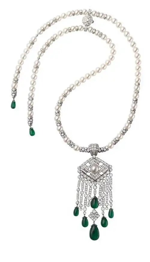 卡地亚顶级珠宝系列项链-铂金镶嵌珍珠,钻石与祖母绿