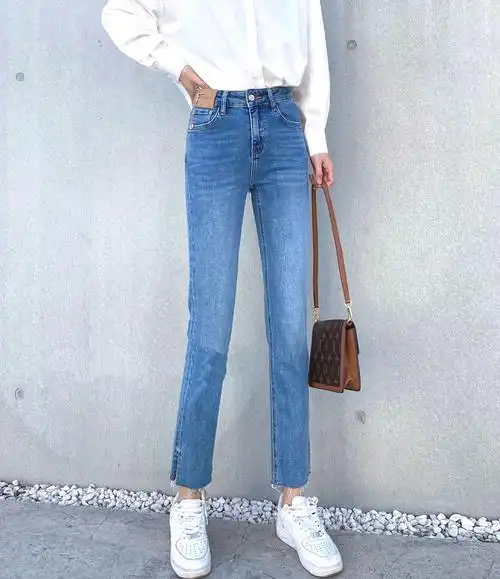 依炫韩新款开叉高腰浅蓝色小直筒牛仔裤女显瘦春季2022百搭88922