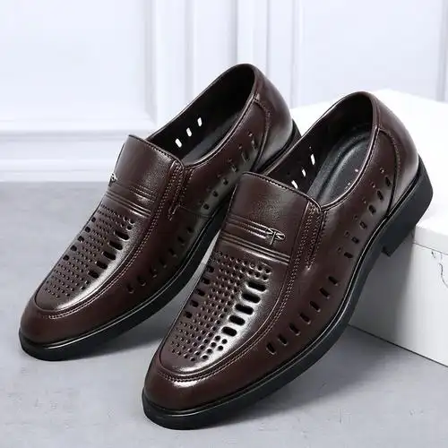 皮凉鞋男真皮夏季男士商务正装镂空棕色防臭牛皮洞洞中老年爸爸鞋