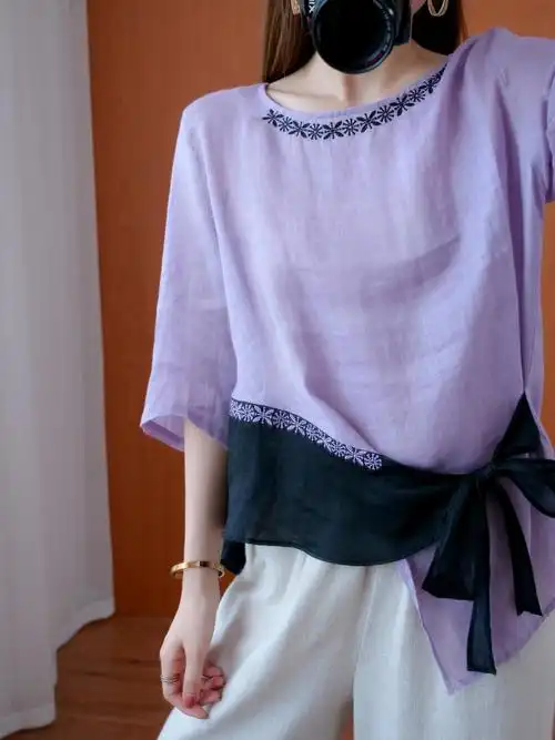 棉麻t恤女刺绣半袖夏季宽松轻薄苎麻文艺复古不规则系带中袖麻料短袖