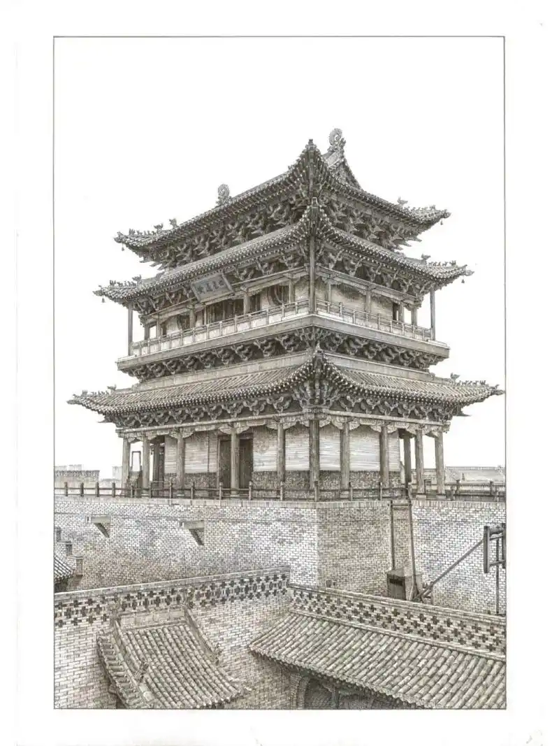 钢笔画《平遥迎薰门》 南门是平遥古城正门,大名"迎薰门".