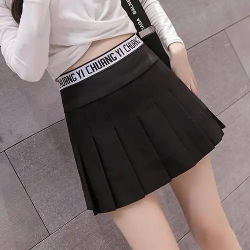 2022春夏弹力高腰a字裙百搭显瘦短裙百褶裙女学生韩版半身裙子女 字母